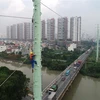 Công nhân Tổng Công ty Điện lực Thành phố Hồ Chí Minh thi công trồng trụ điện trên đường Đồng Văn Cống. (Ảnh: TTXVN)