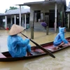 Người dân xã Quảng Phú, huyện Quảng Điền vẫn bị nước lũ 'bủa vây.' (Ảnh: Đỗ Trưởng/TTXVN)