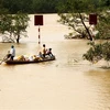 Các đoàn cứu trợ tập trung đưa những mặt hàng thiết yếu đến vùng bị nước lũ cô lập ở các xã của huyện Quảng Ninh, tỉnh Quảng Bình. (Ảnh: Văn Tý/TTXVN)
