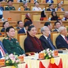 Các lãnh đạo Đảng, Nhà nước, Quốc hội dự Đại hội Đảng bộ tỉnh Hưng Yên. (Ảnh: Phương Hoa/TTXVN)