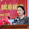 Chủ tịch Quốc hội Nguyễn Thị Kim Ngân phát biểu tại buổi tiếp xúc cử tri tại huyện Phong Điền. (Ảnh: Trọng Đức/TTXVN)