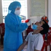 Lực lượng y tế lấy mẫu xét nghiệm ở Tổ dân phố Tuy Hòa, phường Thạch Linh, thành phố Hà Tĩnh. (Ảnh: Công Tường/TTXVN)