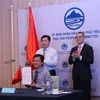 Quang cảnh Lễ ký kết thỏa thuận trực tuyến tài trợ gói thiết bị bảo quản lạnh giữa Tổ chức Năng suất châu Á (AP0) và UBND tỉnh Phú Yên. (Ảnh: Phạm Cường/TTXVN)