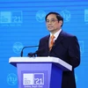 Thủ tướng Phạm Minh Chính phát biểu tại Triển lãm Thế giới số năm 2021. (Ảnh: Dương Giang/TTXVN)