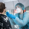 Nhân viên y tế lấy mẫu xét nghiệm COVID-19 tại một điểm xét nghiệm di động ở Kreuzberg, Berlin (Đức). (Ảnh: AFP/TTXVN)