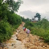 Đường liên thôn tại xã Ba Nam, huyện miền núi Ba Tơ, tỉnh Quảng Ngãi, bị hư hỏng nghiêm trọng do mưa lũ. (Ảnh: TTXVN phát)