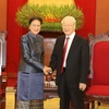 Tổng Bí thư Nguyễn Phú Trọng tiếp bà Pany Yathotou, Ủy viên Bộ Chính trị Đảng Nhân dân Cách mạng Lào, Phó Chủ tịch nước Lào đang thăm chính thức Việt Nam. (Ảnh: Trí Dũng/TTXVN)