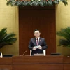 Chủ tịch Quốc hội Vương Đình Huệ phát biểu kết thúc chất vấn nhóm vấn về lĩnh vực ngân hàng, tiền tệ. (Ảnh: Doãn Tấn/TTXVN)