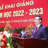 Chủ tịch Quốc hội Vương Đình Huệ phát biểu khai giảng năm học 2022-2023 của Học viện Quốc phòng. (Ảnh: Doãn Tấn/TTXVN)