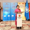 Đại sứ Lê Thị Tuyết Mai, Trưởng Phái đoàn đại diện Việt Nam tại Liên hợp quốc, WTO và các tổ chức quốc tế khác tại Geneva phát biểu tại Lễ kỷ niệm. (Ảnh: TTXVN phát)