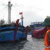 Lực lượng Đồn Biên phòng Hòa Hiệp Nam (thị xã Đông Hòa, Phú Yên) tuyên truyền ngư dân vào cảng cá Phú Lâm tránh trú an toàn. (Ảnh: Tường Quân/TTXVN)