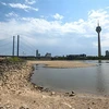 Lòng sông Rhine đoạn chảy qua Duesseldorf, miền Tây Đức, bị khô cạn một phần do hạn hán hồi tháng 7/2022. (Ảnh: AFP/TTXVN)