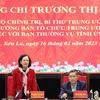 Bà Trương Thị Mai, Ủy viên Bộ Chính trị, Bí thư Trung ương Đảng, Trưởng Ban Tổ chức Trung ương, phát biểu tại buổi làm việc với Ban Thường vụ Tỉnh ủy Sơn La. (Ảnh: Nguyễn Cường/TTXVN)