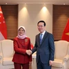 Chủ tịch nước Võ Văn Thưởng gặp Tổng thống Singapore Halimah Yacob. (Ảnh: Thống Nhất/TTXVN)