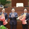 Chủ tịch Quốc hội Vương Đình Huệ chúc mừng tân Chủ nhiệm Ủy ban Tài chính-Ngân sách của Quốc hội Lê Quang Mạnh (bên trái) và tân Bộ trưởng Bộ Tài nguyên và Môi trường Đặng Quốc Khánh (bên phải), nhiệm kỳ 2021-2026. (Ảnh: Doãn Tấn/TTXVN)