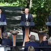 Tổng thống Hàn Quốc Yoon Suk Yeol (trái), Tổng thống Mỹ Joe Biden (giữa) và Thủ tướng Nhật Bản Fumio Kishida (phải) tại cuộc họp báo chung sau cuộc gặp ở Trại David, Maryland, Mỹ, ngày 18/8/2023. (Ảnh: Yonhap/TTXVN)