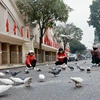 Khoảnh khắc bình yên trước cổng chợ Đồng Xuân ngày đầu năm mới Giáp Thìn. (Ảnh: Nhật Anh/TTXVN)