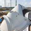 Tuabin điện gió thuộc Dự án Nhà máy Điện gió Hòa Bình 5 (giai đoạn 1) bị rơi gãy cánh quạt. (Ảnh: Chanh Đa/TTXVN)