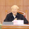 Tổng Bí thư Nguyễn Phú Trọng phát biểu kết luận phiên họp Tiểu ban Nhân sự Đại hội XIV của Đảng. (Ảnh: Trí Dũng/TTXVN)