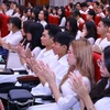 Sinh viên Học viện Báo chí và Tuyên truyền dự lễ khai giảng năm học 2023-2024. (Ảnh: Văn Điệp/TTXVN)