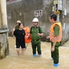 Lực lượng chức năng hỗ trợ người dân đến nơi an toàn. (Ảnh: Đỗ Huyền/TTXVN)