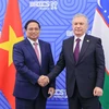 Thủ tướng Phạm Minh Chính gặp Tổng thống Uzbekistan Shavkat Mirziyoyev. (Ảnh: Dương Giang/TTXVN)