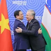 Thủ tướng Phạm Minh Chính gặp Tổng thống Uzbekistan Shavkat Mirziyoyev. (Ảnh: Dương Giang/TTXVN)