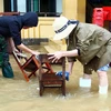 Giáo viên Trường Tiểu học Võ Ninh (huyện Quảng Ninh, Quảng Bình) tận dụng nước lũ để lau chùi bàn ghế khi nước lũ đang rút. (Ảnh: Tá Chuyên/TTXVN)