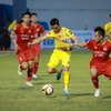 Công an Hà Nội (áo đỏ) và Đông Á Thanh Hóa là hai đội dẫn đầu bảng xếp hạng sau 12 vòng đấu của V-League 2023. (Ảnh: Việt Anh/Vietnam+)