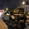 Chiếc xe CRV bị cháy rụi phần đầu sau sự cố (Ảnh: PV/Vietnam+) 