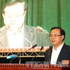 Phạm Quang Nghị, Ủy viên Bộ Chính trị, Bí thư Thành ủy Hà Nội phát biểu khai mạc cuộc diễn tập. (Ảnh: Trọng Đức/TTXVN)