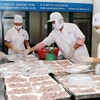 Đóng gói thực phẩm của Công ty chế biến và xuất nhập khẩu Đại An tại Vườn ươm Doanh nghiệp Hà Nội. (Ảnh: Trần Việt/TTXVN)