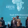 Tổng thống Liberia Ellen Johnson-Sirleaf (trái), Tổng thống Kenya Uhuru Kenyatta (giữa) và Tổng Giám đốc WTO Roberto Azevedo tại phiên khai mạc hội nghị ở Nairobi, Kenya ngày 15/12. (Nguồn: AFP/TTXVN)