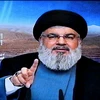 Thủ lĩnh phong trào Hồi giáo vũ trang Hezbollah Sayyed Hassan Nasrallah phát biểu tại một địa điểm bí mật ở Liban. (Nguồn: EPA/TTXVN)