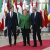 Tổng thống Pháp Emmanuel Macron, Thủ tướng Đức Angela Merkel và Thủ tướng Italy Paolo Gentiloni tại Hội nghị lãnh đạo các nước thành viên EU ở Brussels (Bỉ) ngày 23/2. (Nguồn: THX/TTXVN)