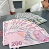 Đồng Lira của Thổ Nhĩ Kỳ và đồng đôla Mỹ tại một cửa hàng đổi tiền ở Ankara. (Ảnh: THX/TTXVN)
