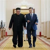 Nhà lãnh đạo Triều Tiên Kim Jong-un (trái) và Tổng thống Hàn Quốc Moon Jae-in trong ngày hội đàm thượng đỉnh thứ hai tại Nhà khách quốc gia Paekhwawon ở Bình Nhưỡng ngày 19/9/2018. (Ảnh: AFP/TTXVN)