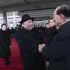 Nhà lãnh đạo Triều Tiên Kim Jong-un (trái, phía trước) và Chủ tịch Đoàn chủ tịch Hội nghị Nhân dân Tối cao (phải, phía trước) trước khi rời Bình Nhưỡng tới thăm Trung Quốc, ngày 8/1/2019. (Ảnh: Yonhap/TTXVN)