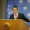 Ngoại trưởng Venezuela Jorge Arreaza trong cuộc họp báo tại trụ sở Liên hợp quốc ở New York, Mỹ,ngày 25/4. (Ảnh: THX/TTXVN)