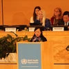 Bộ trưởng Y tế Nguyễn Thị Kim Tiến phát biểu tại phiên họp toàn thể Đại hội đồng Y tế Thế giới, ngày 21/5 tại Geneva. (Nguồn: Hoàng Hoa/TTXVN)