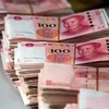 Đồng tiền mệnh giá 100 nhân dân tệ tại Thượng Hải, Trung Quốc. (Ảnh: AFP/TTXVN)