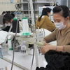 Thực tập sinh Việt Nam tại Công ty TNHH Mishow (Tokyo) đeo khẩu trang trong khi làm việc. (Ảnh: Đào Thanh Tùng/TTXVN)