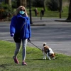 Một phụ nữ dạo bộ cùng với chú chó cưng tại công viên ở London, Anh. (Ảnh: AFP/TTXVN)