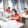 Công nhân Xí nghiệp may 1, Công ty Cổ phần May Chiến Thắng sản xuất khẩu trang vải dệt kim kháng khuẩn. (Ảnh: Phương Hoa/TTXVN)