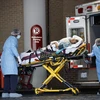 Nhân viên y tế chuyển bệnh nhân nhiễm COVID-19 tới bệnh viện ở Washington D.C., Mỹ. (Ảnh: THX/TTXVN)