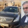 Chiếc xe (trái) của nhà khoa học hạt nhân Iran Mohsen Fakhrizadeh (phải) bị phá hủy trong một vụ tấn công vũ trang ở thành phố Absard, gần Tehran. (Ảnh: IRNA/TTXVN)