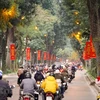Khẩu hiệu, băngrôn rực đỏ trên phố Lê Hồng Phong. (Ảnh: Minh Hiếu/Vietnam+)