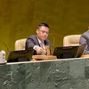 Phó Chủ tịch Đại hội đồng Liên hợp quốc, Đại sứ Đặng Hoàng Giang, Trưởng Phái đoàn đại diện thường trực Việt Nam tại LHQ (ngồi giữa), gõ búa thông qua nghị quyết. (Ảnh: Thanh Tuấn/TTXVN)