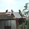 Lực lượng tại chỗ giúp các hộ gia đình lợp lại mái nhà. (Ảnh: TTXVN phát)
