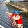 Kỹ thuật viên kiểm tra tấm năng lượng mặt trời tại trạm quang điện ở tỉnh Giang Tô, Trung Quốc. (Ảnh: AFP/TTXVN)